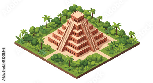 A majestic ancient Mayan step pyramid constructed from reddish stone stands surrounded by a dense lush green tropical jungle under bright daylight conditions.