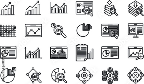 Business analytics and KPI icon collection with charts, reports and data visualization elements, clean line vector set for finance, performance tracking and strategy design
