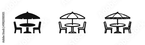 Outdoor cafe patio table and chairs with umbrella icon set