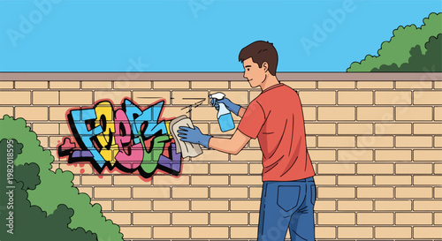 A man in gloves uses a spray bottle and cloth to clean graffiti off a brick wall