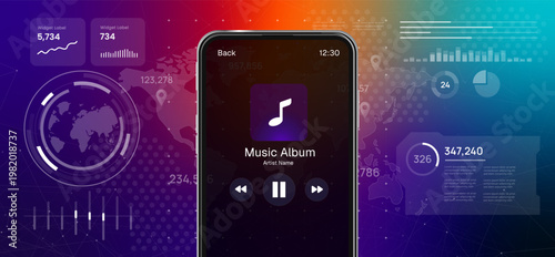 Mobile music player application interface on smartphone screen with digital audio waveform for entertainment and streaming service media playback controls