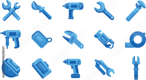 Construction and repair tools collection with drills, wrenches and measuring equipment, flat vector illustration set for maintenance, engineering and mechanical work design