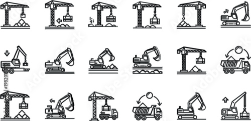 Construction machinery and crane icon collection with excavators, loaders and trucks, clean line vector set for building, engineering, heavy equipment and industrial design