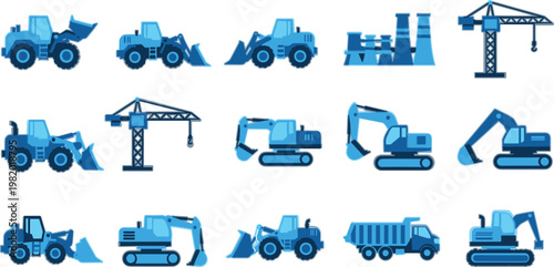 Construction machinery collection with loaders, excavators, cranes and trucks, flat vector illustration set for building, engineering, heavy equipment and industrial design