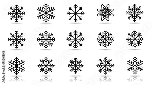 Set of black and white snowflake designs for winter holidays