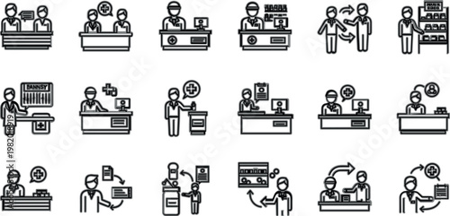 Customer service and business interaction icon collection with support, communication and office activities, clean line vector set for corporate workflow and service design