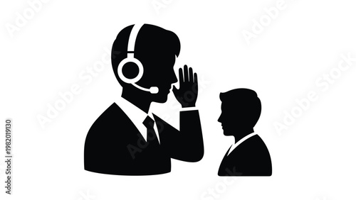 Silhouette of a man in a headset whispering to another man.