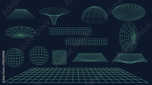 set of Abstract 3D wireframe grid shapes collection with geometric perspective and digital modeling vector illustration