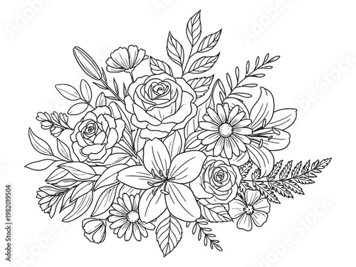 Flower arrangement showcases a variety of roses and lilies with ferns in a detailed sketch format designed for artistic projects.