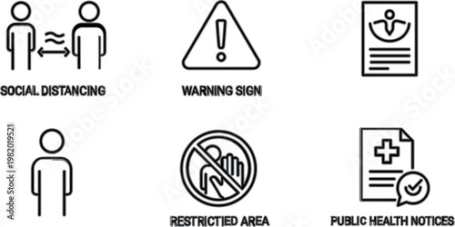 Public health and safety icon set with social distancing, warning signs and restricted area symbols, clean vector illustration for awareness, prevention and healthcare design