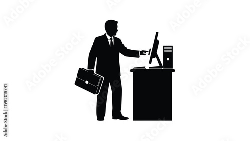 Businessman interacting with computer screen.