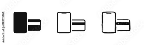 Digital wallet and mobile payment icons set with phone and card in three graphic styles