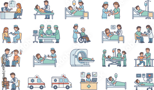 Medical team providing healthcare services in various hospital settings and procedures