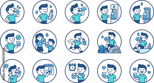 A man experiences various emotions and actions in daily life illustrations