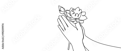 continuous line drawing of Press the palms of the hands together The hands are clasped together, holding lotus flowers. vector illustration Editable stroke.