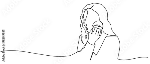 continuous line drawing of The woman is applying makeup with a powder puff. vector illustration Editable stroke.