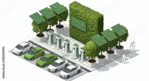 Modern Isometric Electric Vehicle Charging Station Showcasing Sustainable Green Energy Infrastructure and Urban Mobility Solutions with Eco-Friendly Design