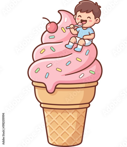 Happy little boy sitting on top of a giant pink ice cream sundae