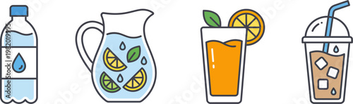 Refreshing drinks and glasses on a table with bottles and jugs outside