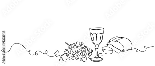 continuous line drawing of Grapes, bread, and wine the essence of Christianity. vector illustration Editable stroke.