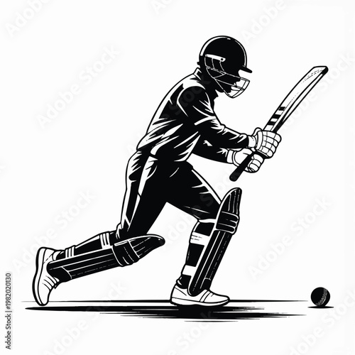 A black and white silhouette illustration of a cricket batsman in mid-stride.  