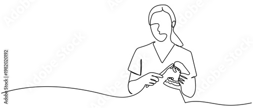 continuous line drawing of The dentist is holding dentures and a toothbrush. vector illustration Editable stroke.