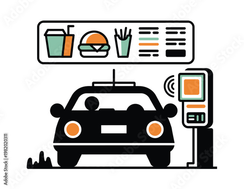 Car at drive thru ordering station vector illustration with food icons for fast food service, restaurant, and takeaway design