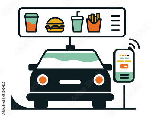 Car at drive thru ordering station vector illustration with food icons for fast food service, restaurant, and takeaway design