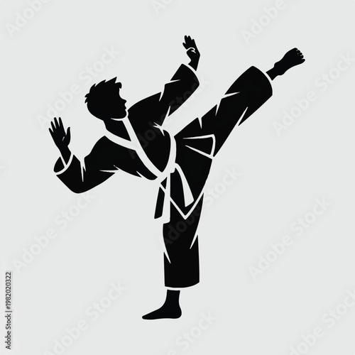 A black and white silhouette illustration of a martial arts practitioner performing a high kick. 