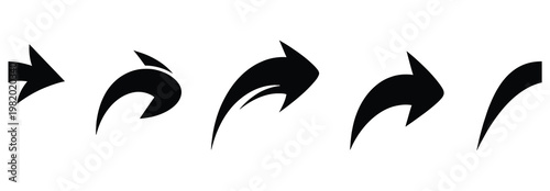 Collection of stylized black arrows showing movement and progression, isolated on white background.