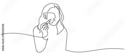 continuous line drawing of The woman is holding lipstick in her hand. vector illustration Editable stroke.