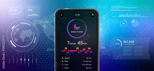 Sleep tracker application on smartphone screen showing quality monitoring data and health analytics with futuristic hud interface background for wellness