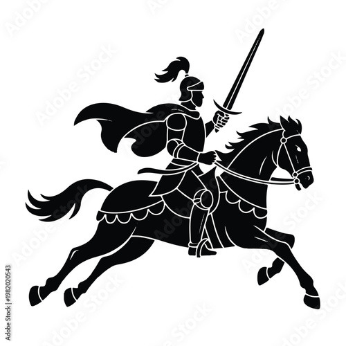 A black and white silhouette illustration of a medieval knight riding a charging horse. 