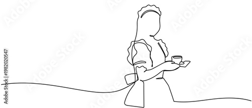 continuous line style A woman in a maid outfit is serving coffee. Minimalist vector illustration isolated on white background Editable stroke.