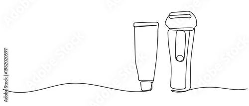 continuous line style Shaving cream and electric shavers. Minimalist vector illustration isolated on white background Editable stroke.