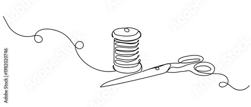 continuous line style Sewing thread and scissors. Minimalist vector illustration isolated on white background Editable stroke.