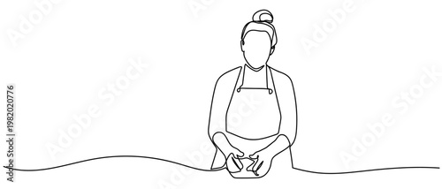 continuous line style A woman wearing an apron is kneading dough to cook. Minimalist vector illustration isolated on white background Editable stroke.