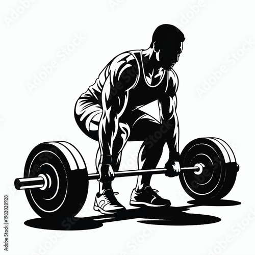 A black and white silhouette illustration of a weightlifter performing a barbell deadlift 