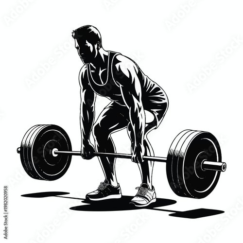 A black and white silhouette illustration of a weightlifter performing a barbell deadlift 