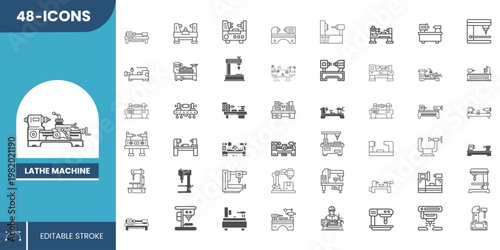 Editable Lathe Machine Icon – Modern Flat Vector for Metal Cutting, Machining, Engineering and Mechanical Workshop Use.