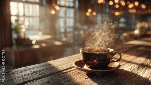 Cozy coffee break with steaming cup of fresh coffee on wooden table in warm inviting café, soft natural light, gentle steam, comfortable relaxing atmosphere