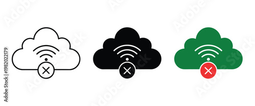 Cloud network disconnected icon set vector illustration representing no internet connection and server error symbols for digital, web, and technology design