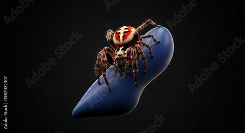 Detailed spider with ornate markings perched on a blue shoe against a dark background, insect macro photography, creepy crawly detail