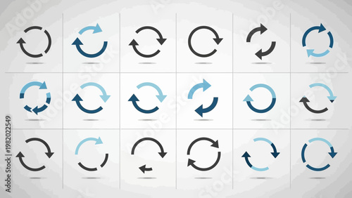 Abstract illustration of various circular arrow icons on a white background