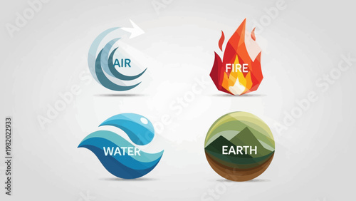 Abstract elemental icons depicting air fire water and earth concepts