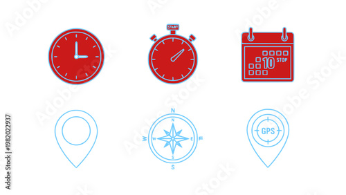 Strong red icons for time tracking and scheduling concepts.