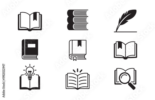 Book icons set. library reading concept. knowledge and education symbol. learning process sign.