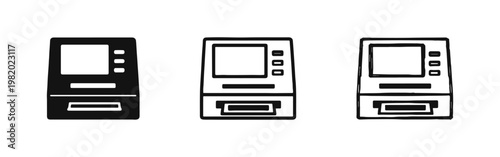 ATM machine icon set in solid, outline and doodle style, automated teller machine vector illustration