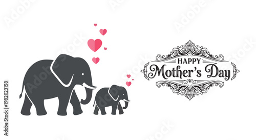 Happy mother's day banner with elephant mother and calf silhouettes and ornate vintage frame ornament.