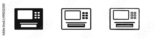 Card reader or ATM screen icon set with keypad, solid, line and hand drawn brush stroke style